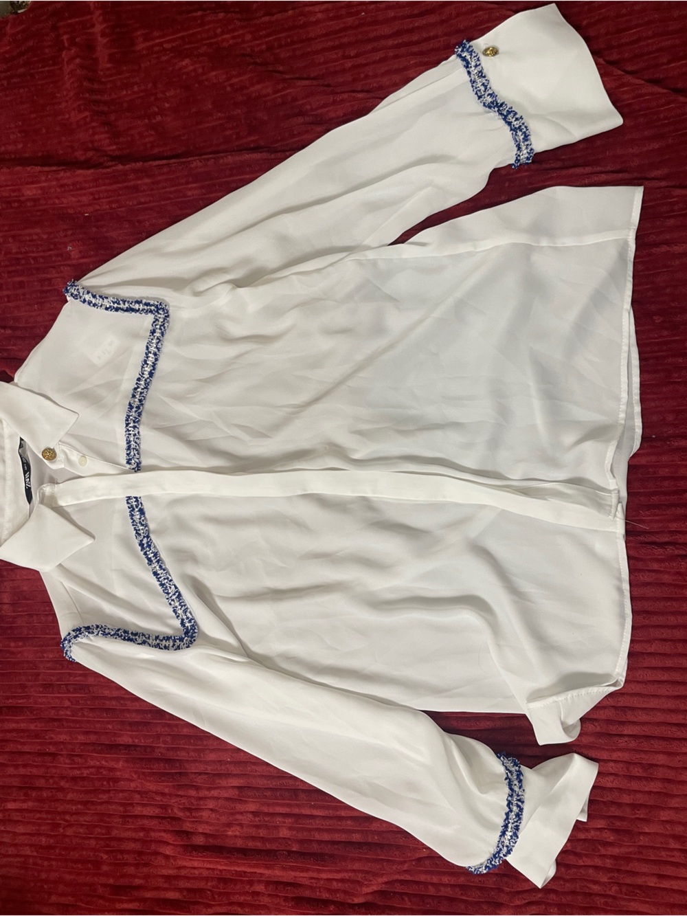 Zara White Button-Up Blouse with Blue Trim